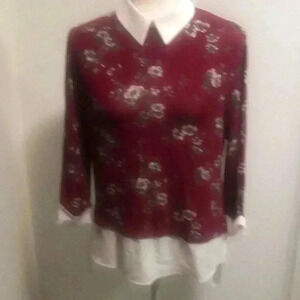 HELLY Floral Burgundy Mixed Fabric 3/4 Sleeves With Collar and Cuffed Sleeves-XL
